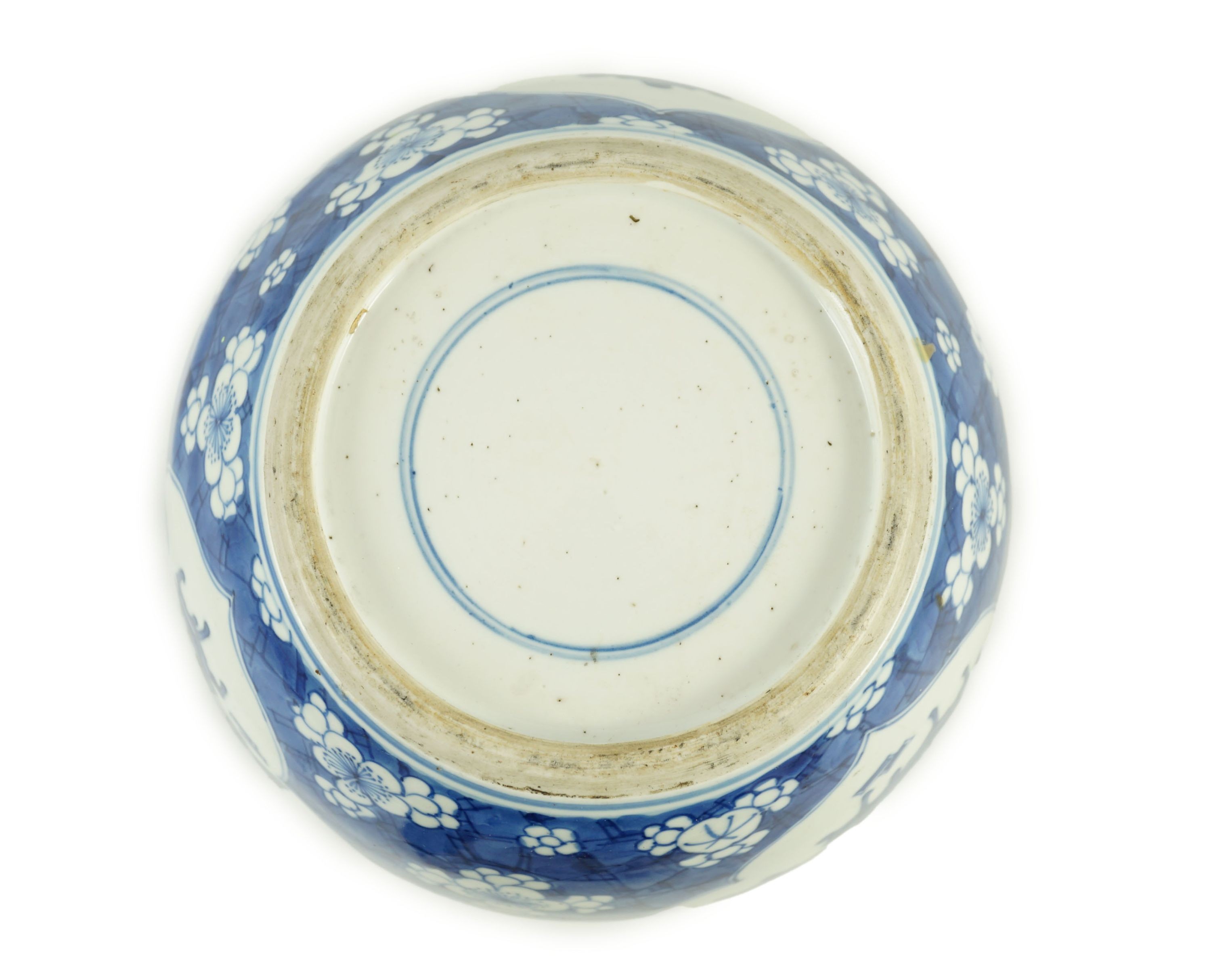 A Chinese blue and white ‘Hundred Antiques’ ovoid jar, Kangxi period, 19cm high